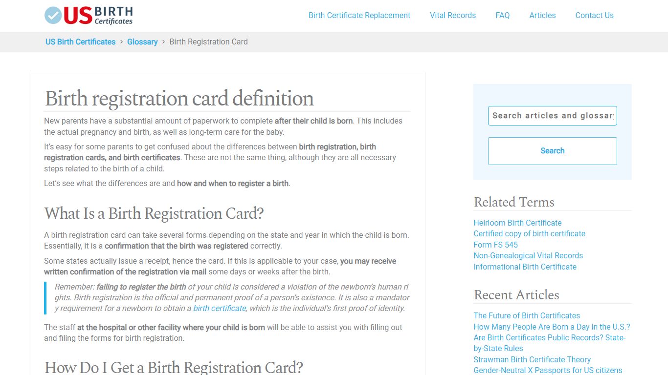 Birth Registration Card a Definition - US Birth Certificates